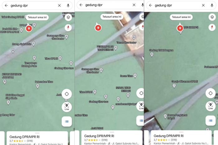 Nama lokasi Gedung DPR RI di Google Maps diubah jadi Kandang Tikus.