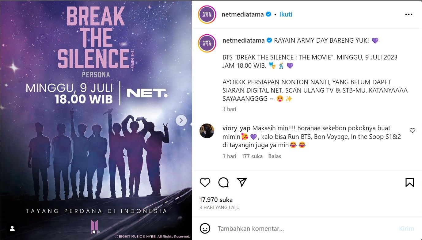 Film dokumenter BTS Break The Silence: The Movie akan tayang di NET TV pada 9 Juli 2023./ Instagram @netmediatama