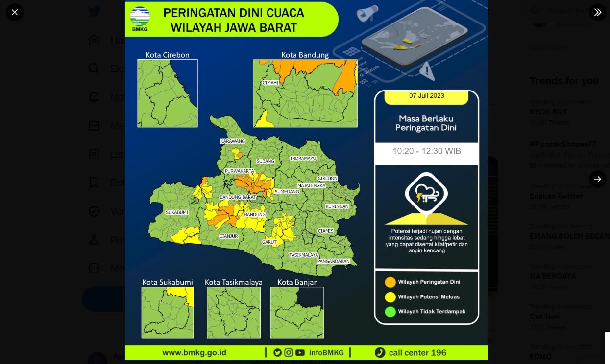 Peringatan dini cuaca wilayah Jawa Barat pada Jumat 7 Juli 2023. BMKG mengingatkan kepada masyarakat agar selalu waspada dan berhati-hati saat cuaca ekstrem.*/Twitter/@infoBMKG