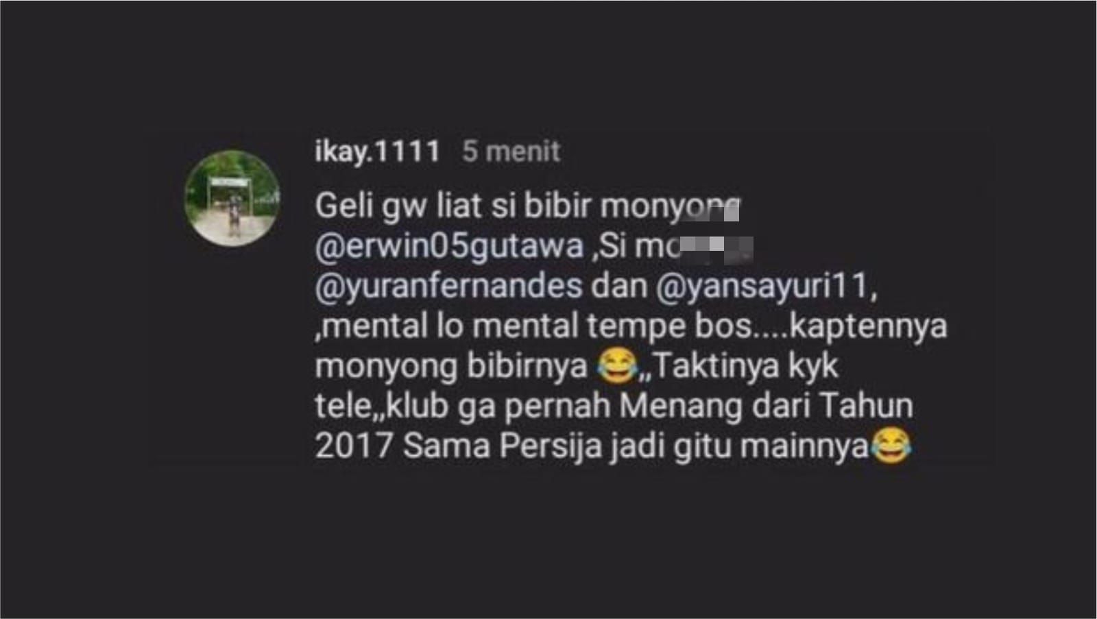 Ujaran rasis yang dilontarkan oleh salah satu akun setelah akun offisial PSM Makassar mengunggah foto pertandingan melawan Persija Jakarta.*/Instagram.com/@ikai.1111 