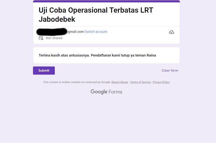 Tampilan web pendaftaran uji coba LRT Jabodebek sudah ditutup.