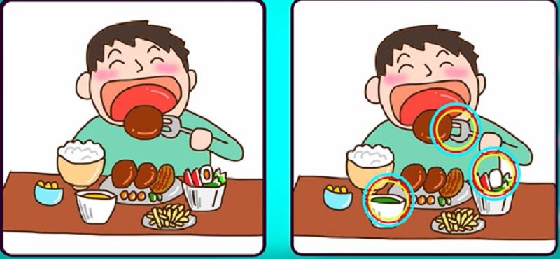 Jawaban tes IQ dalam menemukan perbedaan gambar pria yang sedang makan besar. 