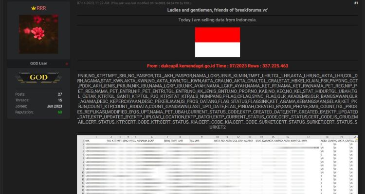 Informasi mengenai kebocoran diduga data 337 juta masyarakat Indonesia yang terjadi di forum Breach Forum pada Senin, 17 Juli 2023