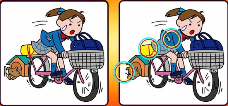 Jawaban tes IQ dalam menemukan perbedaan gambar gadis yang naik sepeda. 