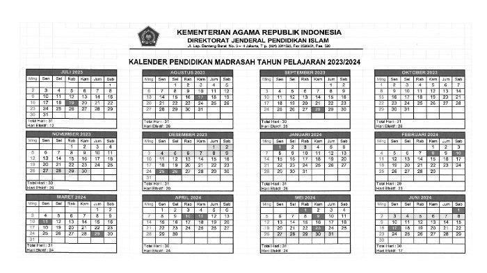 Kalender Pendidikan Madrasah 2023/2024 Lengkap untuk RA, MI, MTs, MA dan MAK Juli 2023 - Juni 2024
