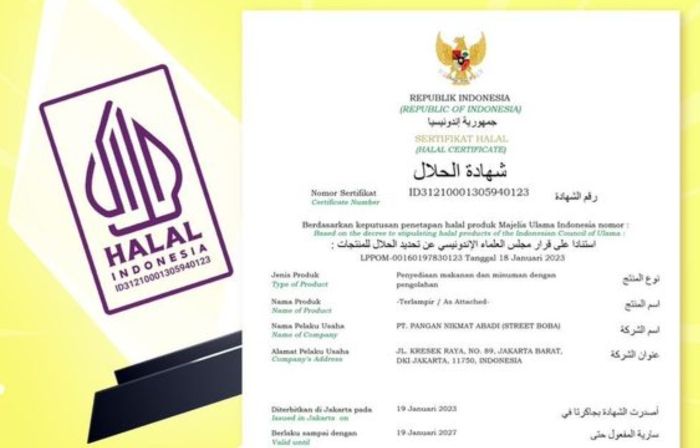 Sertifikat halal Street boba milik Jovi Adhiguna 19 Januari 2023