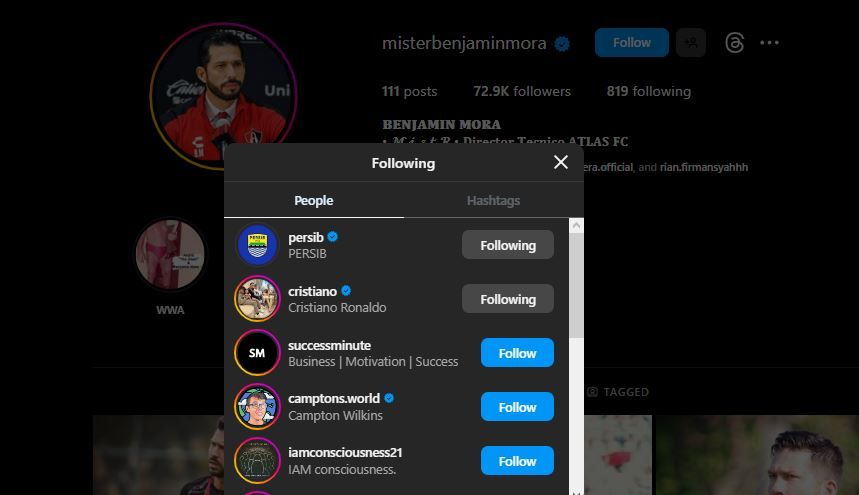 Benjamin Mora terpantau sudah mengikuti akun Instagram resmi Persib.