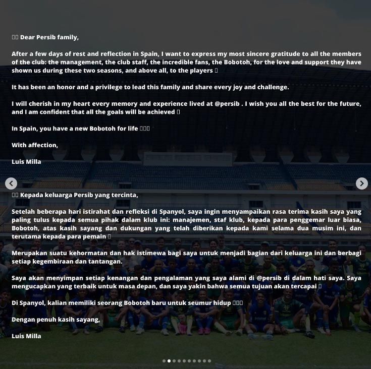 Surat Eks Pelatih Persib Bandung Luis Milla untuk Persib dan Bobotoh, sepekan setelah ia mengundurkan diri dari kursi pelatih.*/Instagram/@luismillacoach
