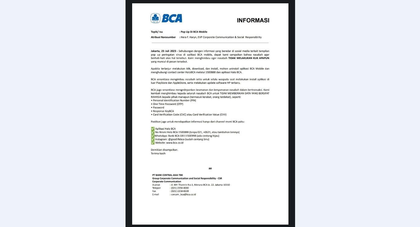 Informasi resmi BCA terkait "Pop Up" pada aplikasi M-Banking BCA.*/BCA