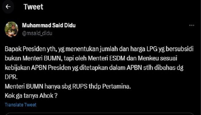 Cuitan Said Didu soal ucapan Jokowi yang bertanya kelangkaan LPG subsidi ke Menteri BUMN.