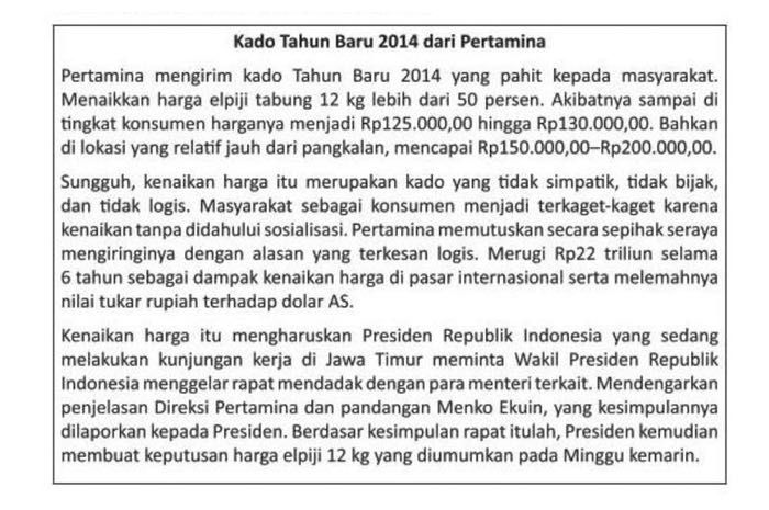 Simak kunci jawaban Bahasa Indonesia Kelas 12 Halaman 88-89 yang Mengidentifikasi Isi Teks tentang Kado Tahun Baru 2014 dari Pertamina.