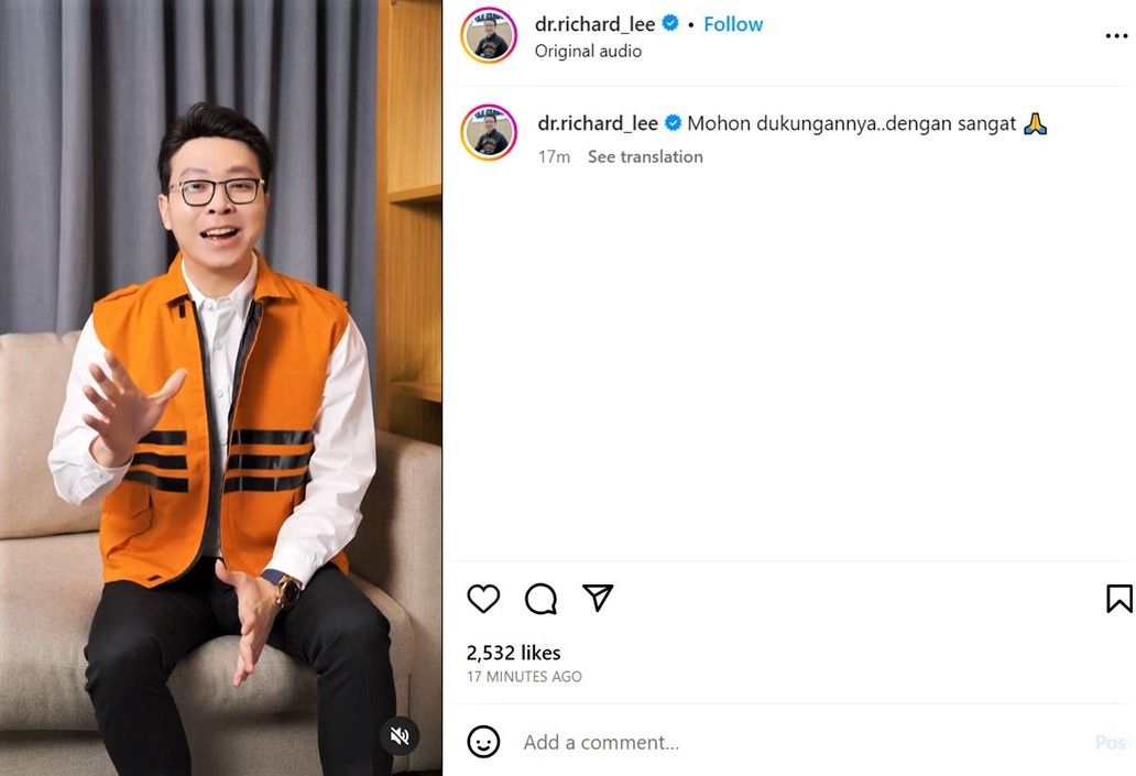 dr. Richard Lee dari unggahan video di akun Instagramnya hari ini.