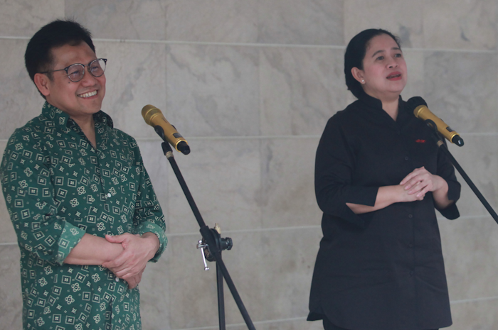 Ketua Umum Partai Kebangkitan Bangsa (PKB) Muhaimin Iskanda dan Ketua DPP PDI Perjuangan Puan Maharani saat pertemuan di rumah dinas Muhaimin di Jalan Widya Chandra IV, Jakarta, Kamis (27/7/2023).