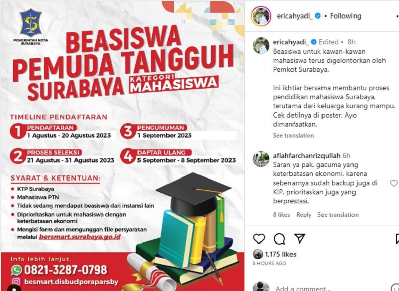 Beasiswa Pemuda Tangguh Surabaya untuk kategori mahasiswa dari Pemkot Surabaya