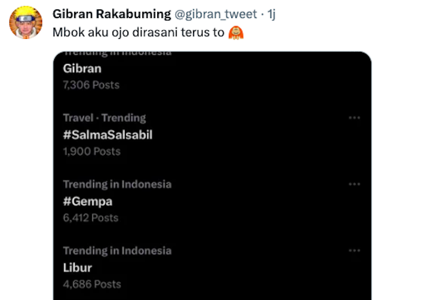 Tangkapan layar cuitan Gibran Rakabuming yang mengunggah trending topik Twitter, Sabtu, 5 Agustus 2023.