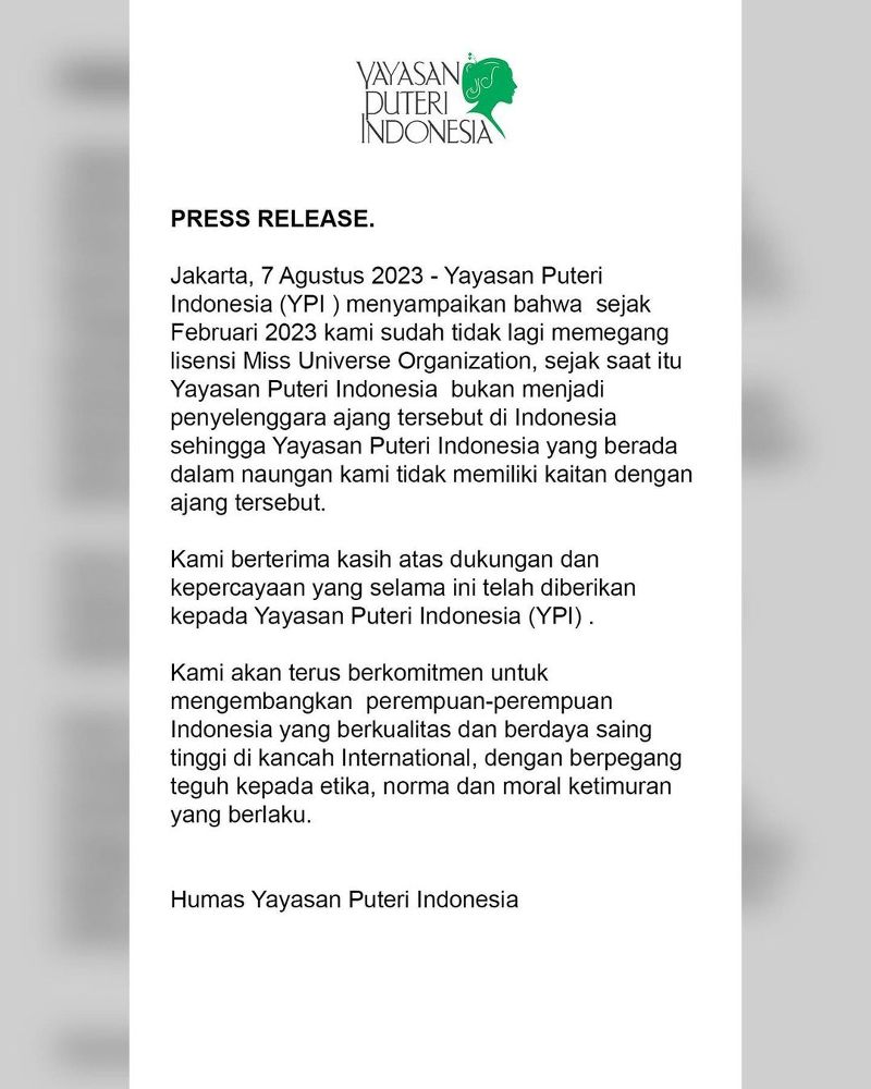 rilis resmi yang dikeluarkan Yayasan Puteri Indonesia (YPI) terkait kasus body checking bugil yang menimpa Miss Universe Indonesia 2023