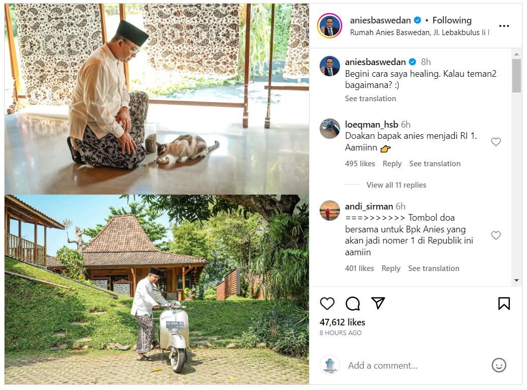 Banjir pujian dan doa dari para netizen, calon Presiden Anies Baswedan bagikan moment saat healing di akun sosial media pribadinya.
