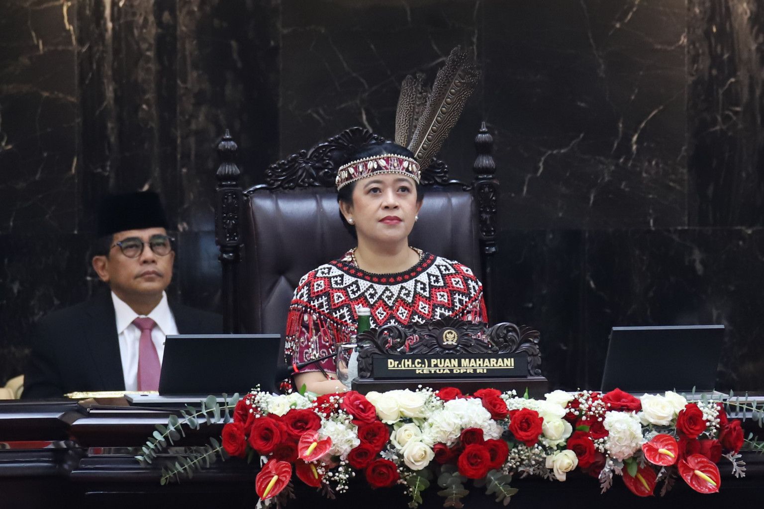 Ketua DPR RI Puan Maharani dalam Sidang Paripurna Pembukaan Masa Persidangan I DPR Tahun Sidang 2023-2024 yang digelar di Kompleks Parlemen, Senayan, Jakarta, Rabu, 16 Agustus 2023.