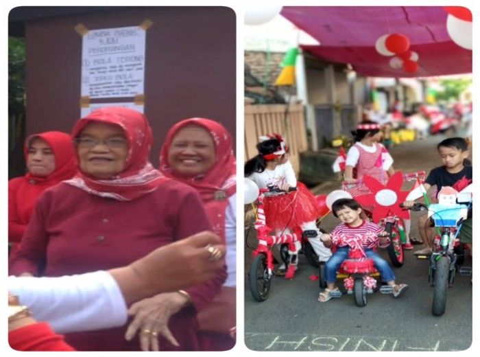 Ibu Sukaesih yang berusia 80 tahun sedang bergoyang (kiri), anak-anak yang siap karnaval (kanan).