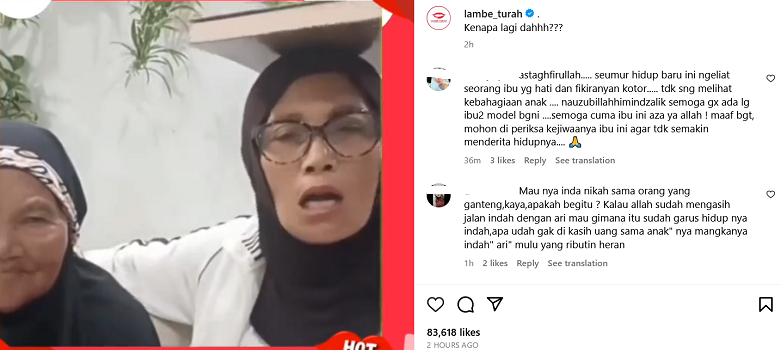 Tangkapan layar komentar netizen terhadap ibunda Indah Permatasari.
