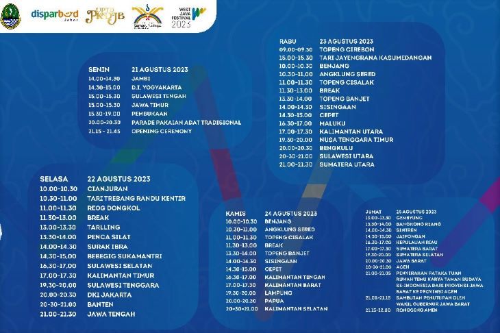 Jadwal pegelaran kesenian Temu Karya Taman Budaya se Indonesia  XXII tahun  2023 di Taman Budaya Jawa Barat, Jalan Bukit Dago Utara  Kelurahan Dago Kecamatan Coblong Kota Bandung.