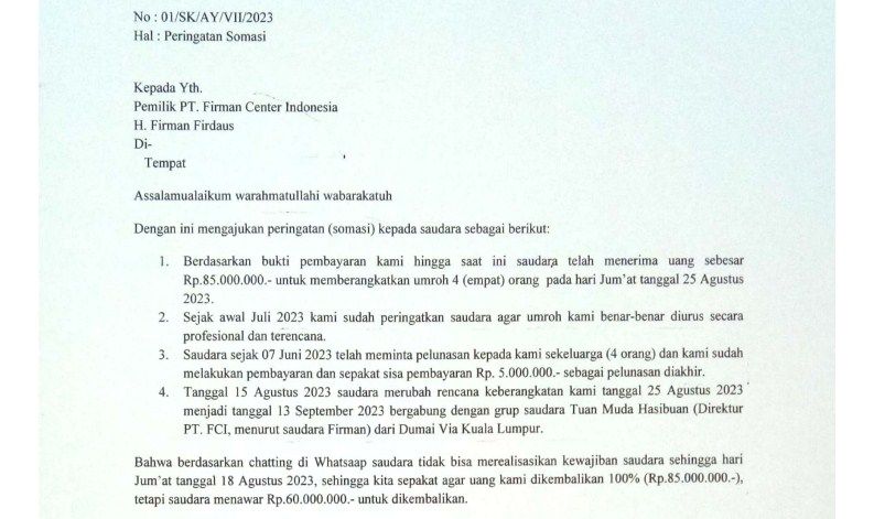 tangkap layar surat somasi dari Anthon Yuliandri ke pemilik PT Firman Center Indonesia