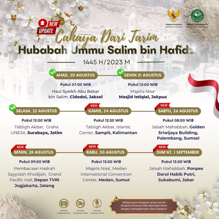 Update jadwal terbaru Hubabah Ummi Salim istri Habib Umar bin Hafidz di Indonesia tahun 2023