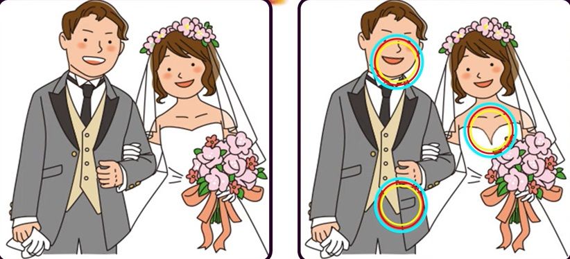 Jawaban tes IQ dalam menemukan perbedaan gambar pengantin. 
