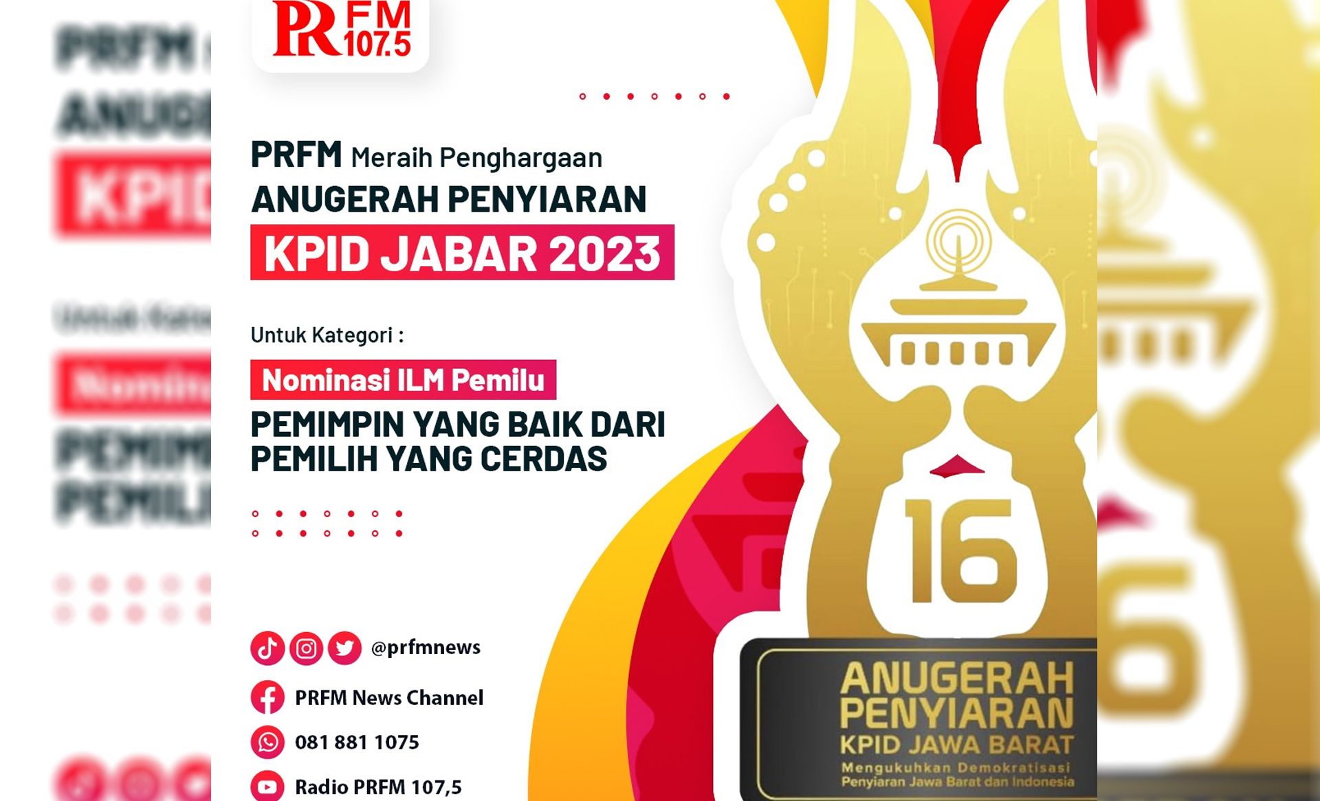 PRFM raih penghargaan Anugerah Penyiaran KPID Jabar 2023 Nominasi ILM Pemilu.
