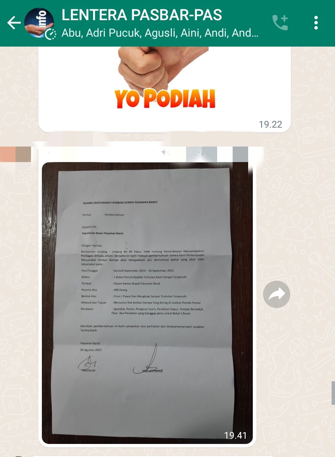 Tangkapan layar poto surat pemberitahuan yang di posting pada group WhatsApp 