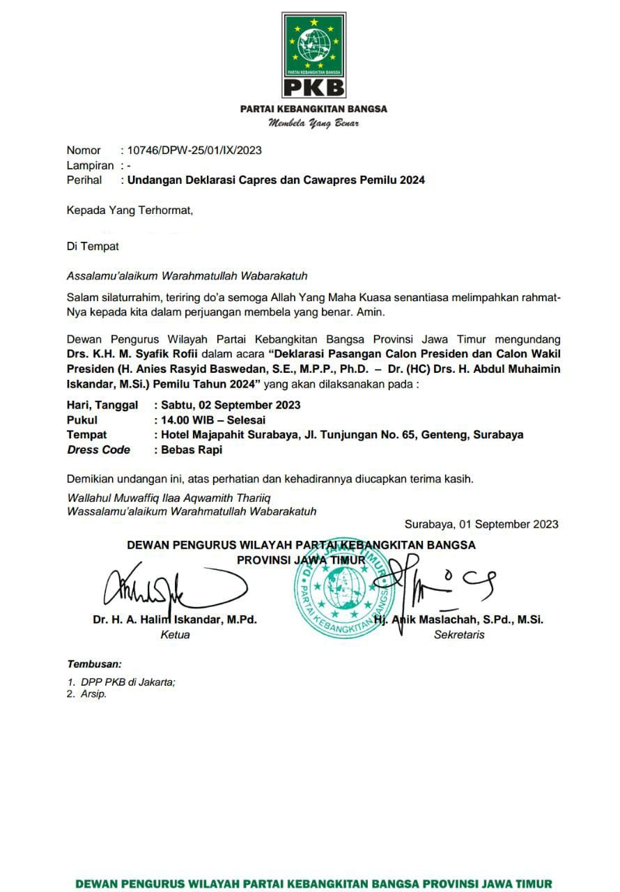 Undangan Deklarasi Anies Baswedan - Muhaimin Iskandar oleh PKB Jatim.