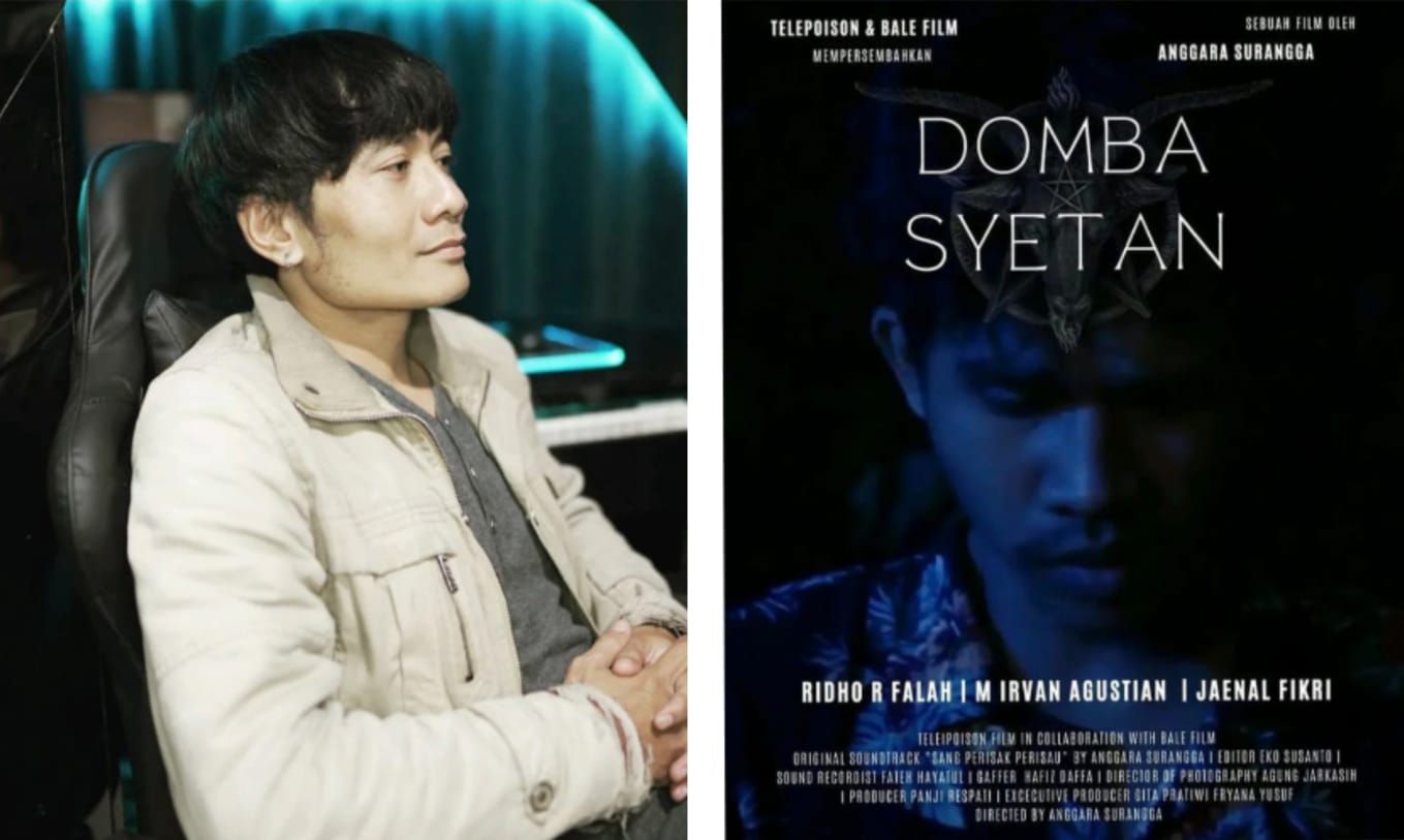 Angga Surangga (kiri) dan poster film Domba Syetan yang ikut dalam festival film pendek internasional di Bali, 15-23 September 2023.*/kolase kabar-priangan.com/Dok. Angga Surangga