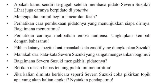 Soal Bahasa Indonesia kelas 9 halaman 44, menelaah pidato Severn Suzuki