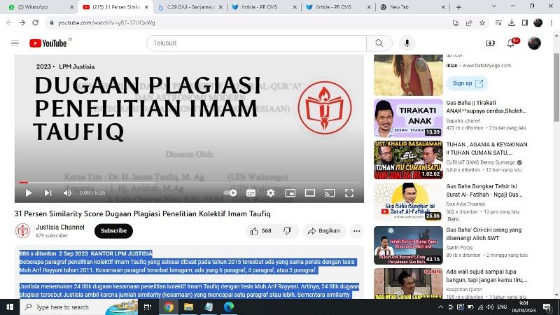 Video YouTube di @Justisia Channel itu diberi judul: 31 Persen Similarity Score Dugaan Plagiasi Penelitian Kolektif Imam Taufiq