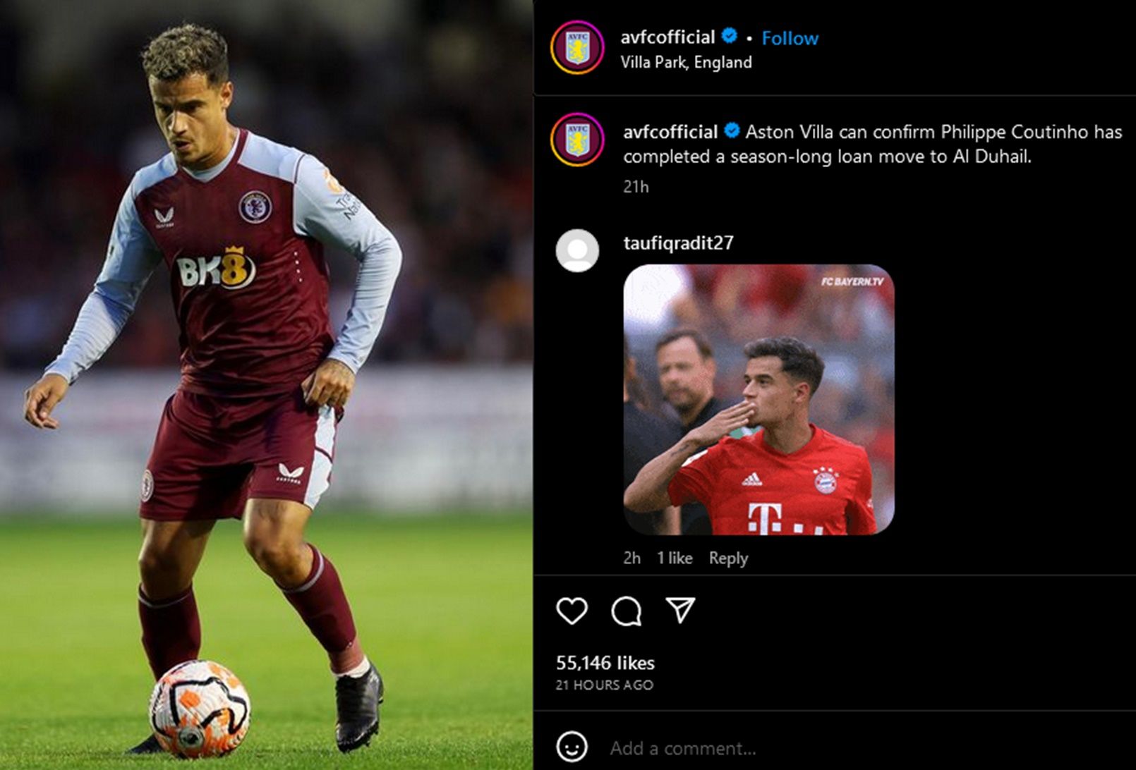 Kepastian kepindahan Philippe Coutinho ke Al Duhail diumumkan Aston Villa melalui unggahan di akun Injstagram resmi klub pada Jumat, 8 September 2023 malam.
