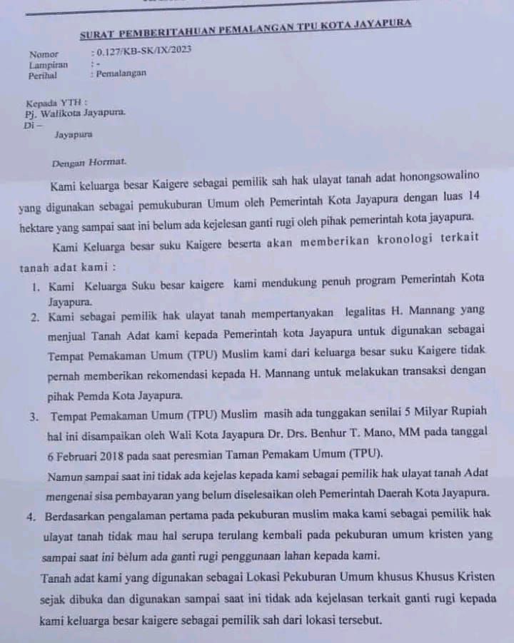 Surat pemberitahuan pemalangan TPU Kota Jayapura