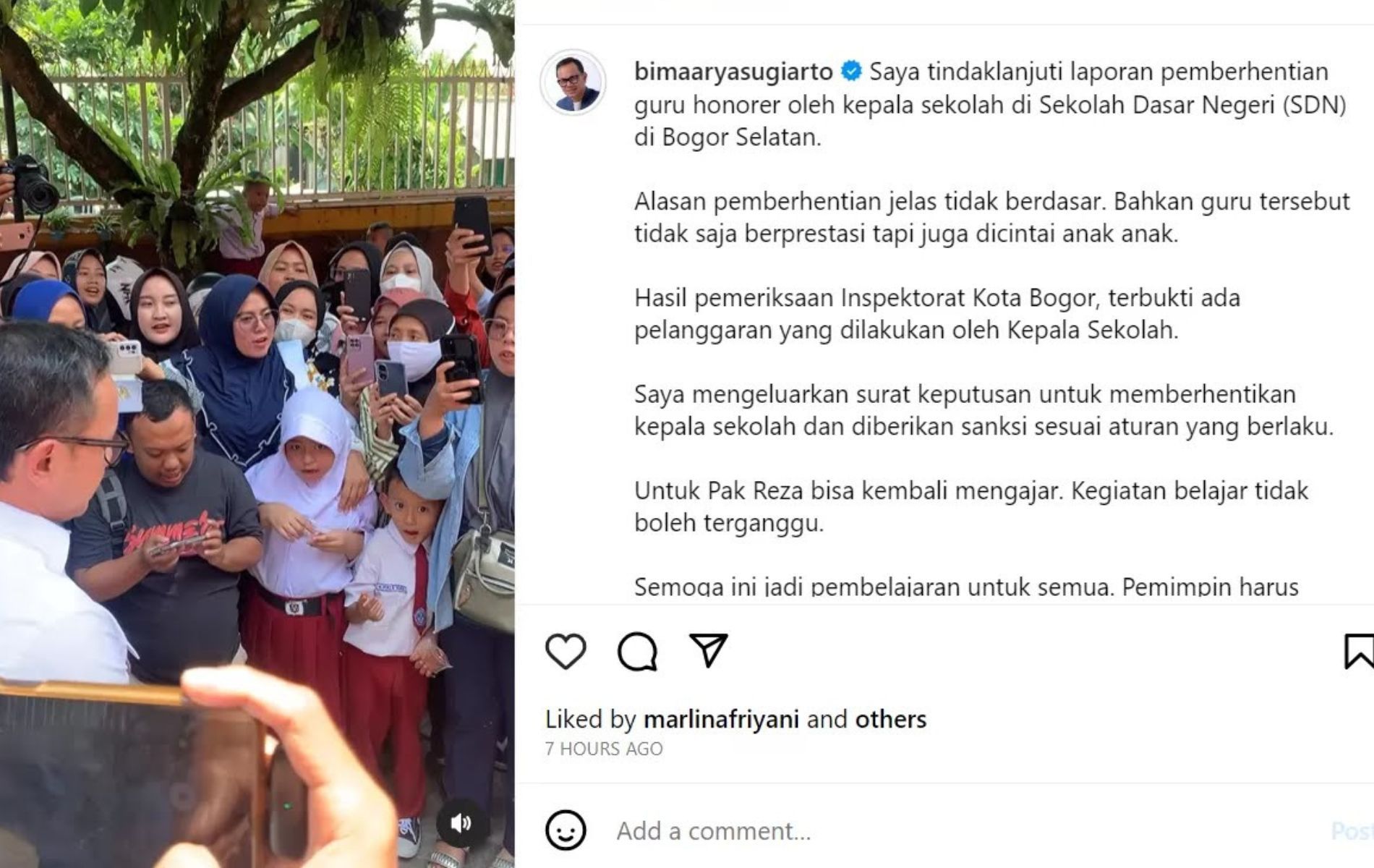 Walikota Bogor Bima Arya unggah video terkait kasus pungli SDN Cibeureum 1.