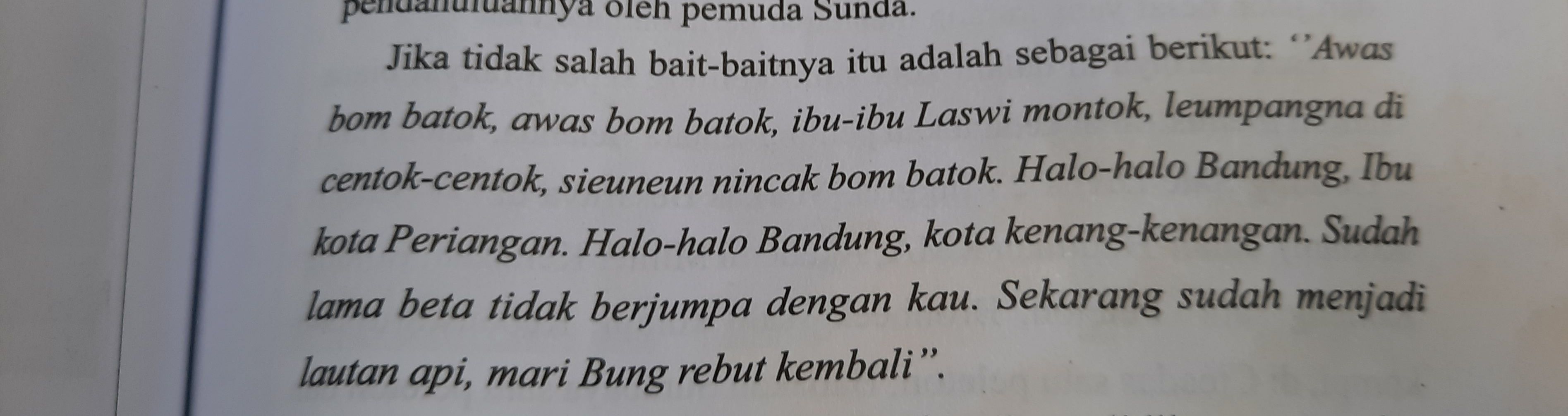 Repro buku, Tiada Berita Dari Bandung Timur 1945-1947 yang ditulis R.J. Rusady W. tentang lirik lagu "Halo-Halo Bandung" tempo dulu.