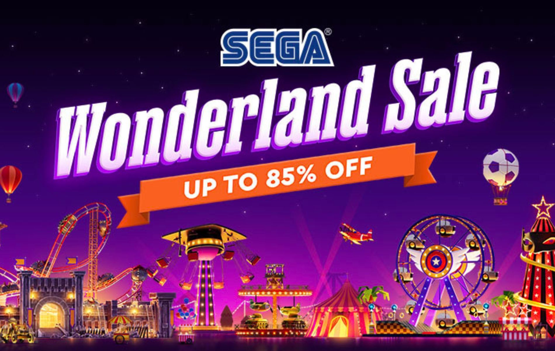 Poster diskon besar-besaran Steam Sega Wonderland Sale hingga 85 persen.