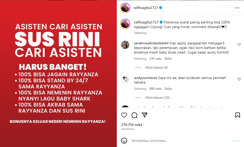 Tangkapan layar Instagram Raffi ahmad asisten cari asisten