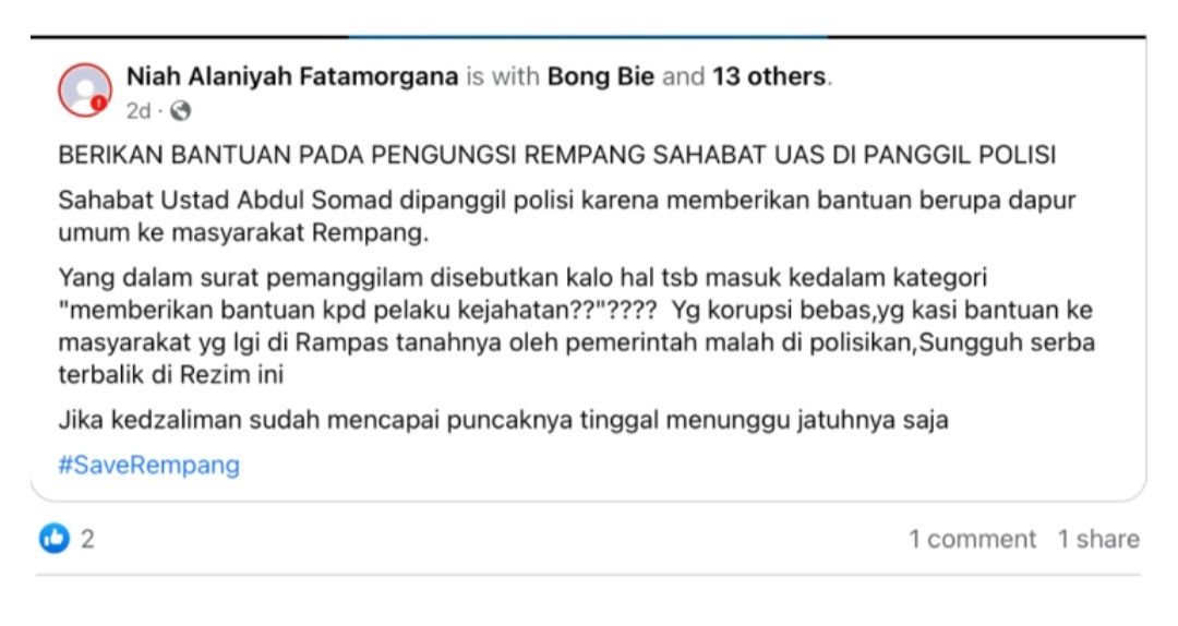 Unggahan hoaks yang menarasikan Ustaz Abdul Somad dipanggil kepolisian karena bantu warga Rempang. Faktanya, Polda Kepulauan Riau (Kepri) memastikan kabar pemanggilan Ustadz Abdul Somad oleh polisi usai bentrokan di Rempang adalah hoaks. (Facebook)