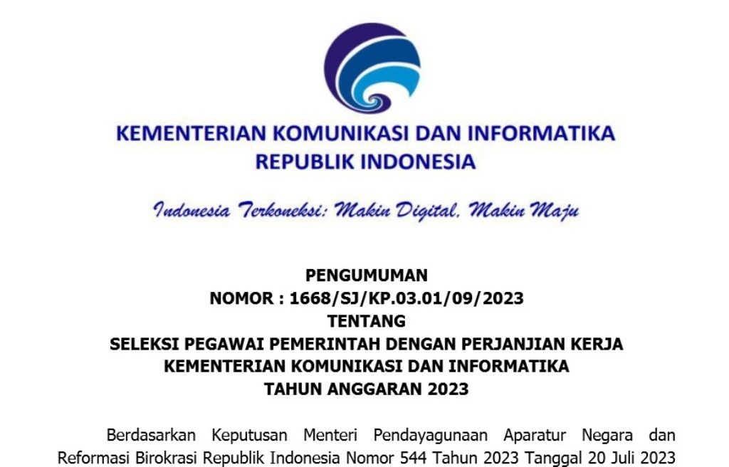 Rincian Formasi CPNS dan PPPK 2023 KEMENKOMINFO, Ada 285 Formasi, Penempatan Seluruh Indonesia