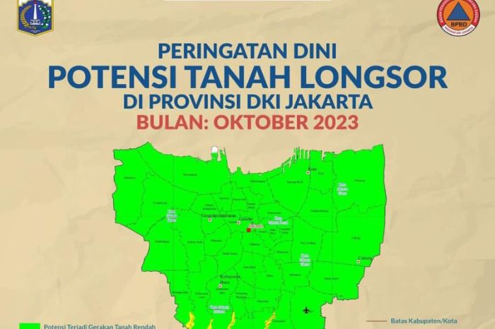 Jakarta Selatan dan Jakarta Timur berpotensi mengalami gerakan tanah atau longsor pada Oktober 2023