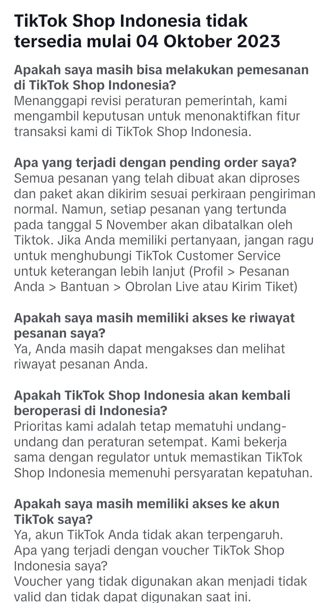 TikTok Shop resmi ditutup pada 4 Oktober 2023 pukul 17.00 WIB.*