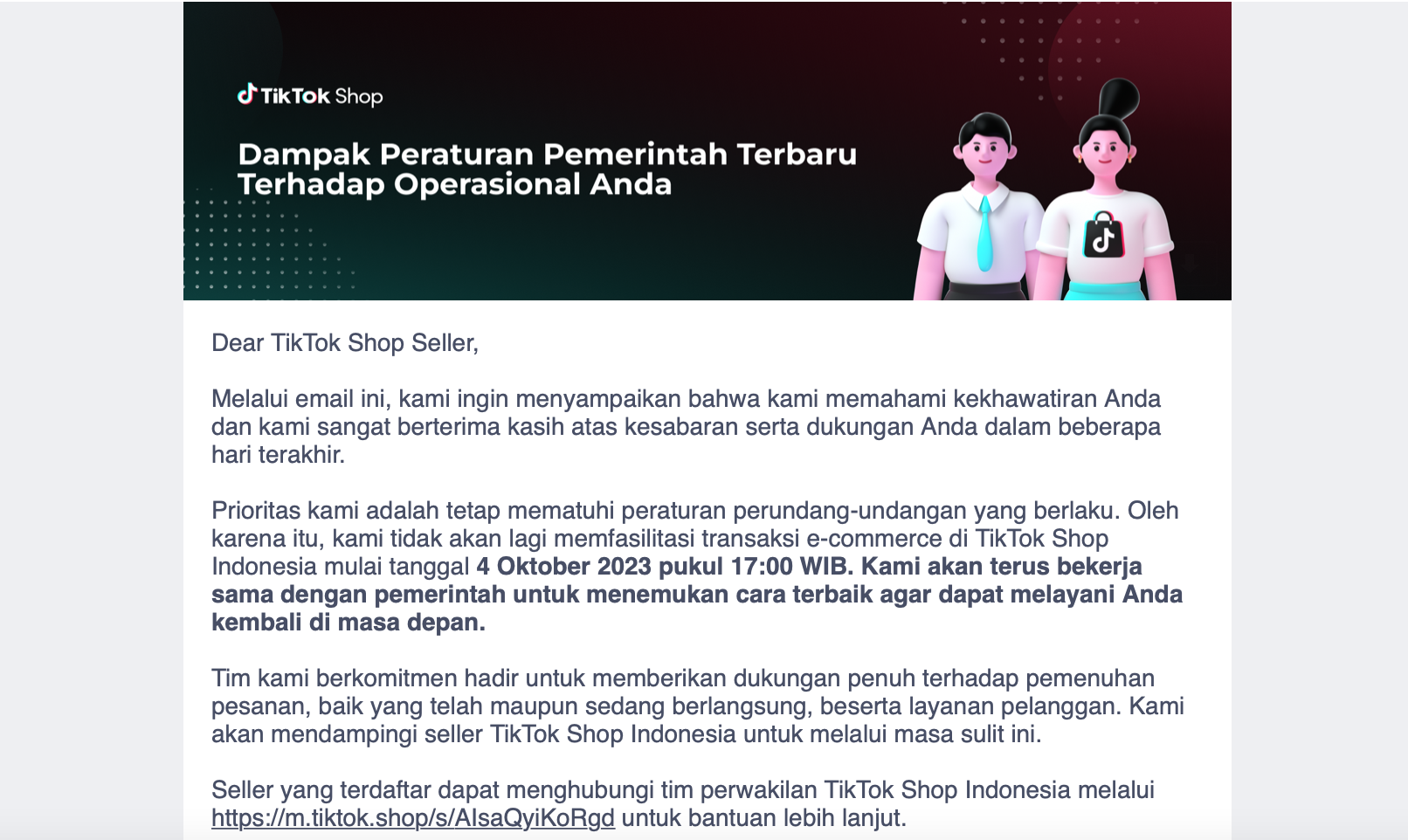 E-mail pemberitahuan TikTok Shop ditutup mulai 4 Oktober 2023, 17.00 WIB.