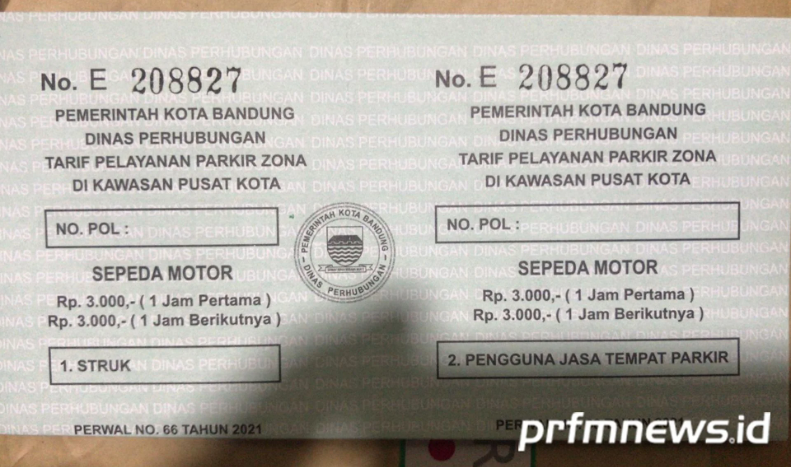 Penampakan karcis parkir resmi dari Dishub kota Bandung untuk area pusat kota