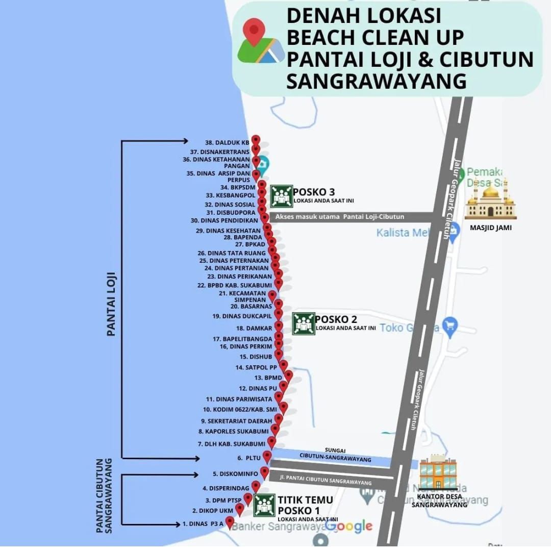 Infografis peta kegiatan Bersih Bersih Pantai Cibutun dan Pantai Loji Kecamatan Simpenan Kabupaten Sukabumi dalam rangka HUT TNI ke 78, Rabu 4 Oktober 2023.
