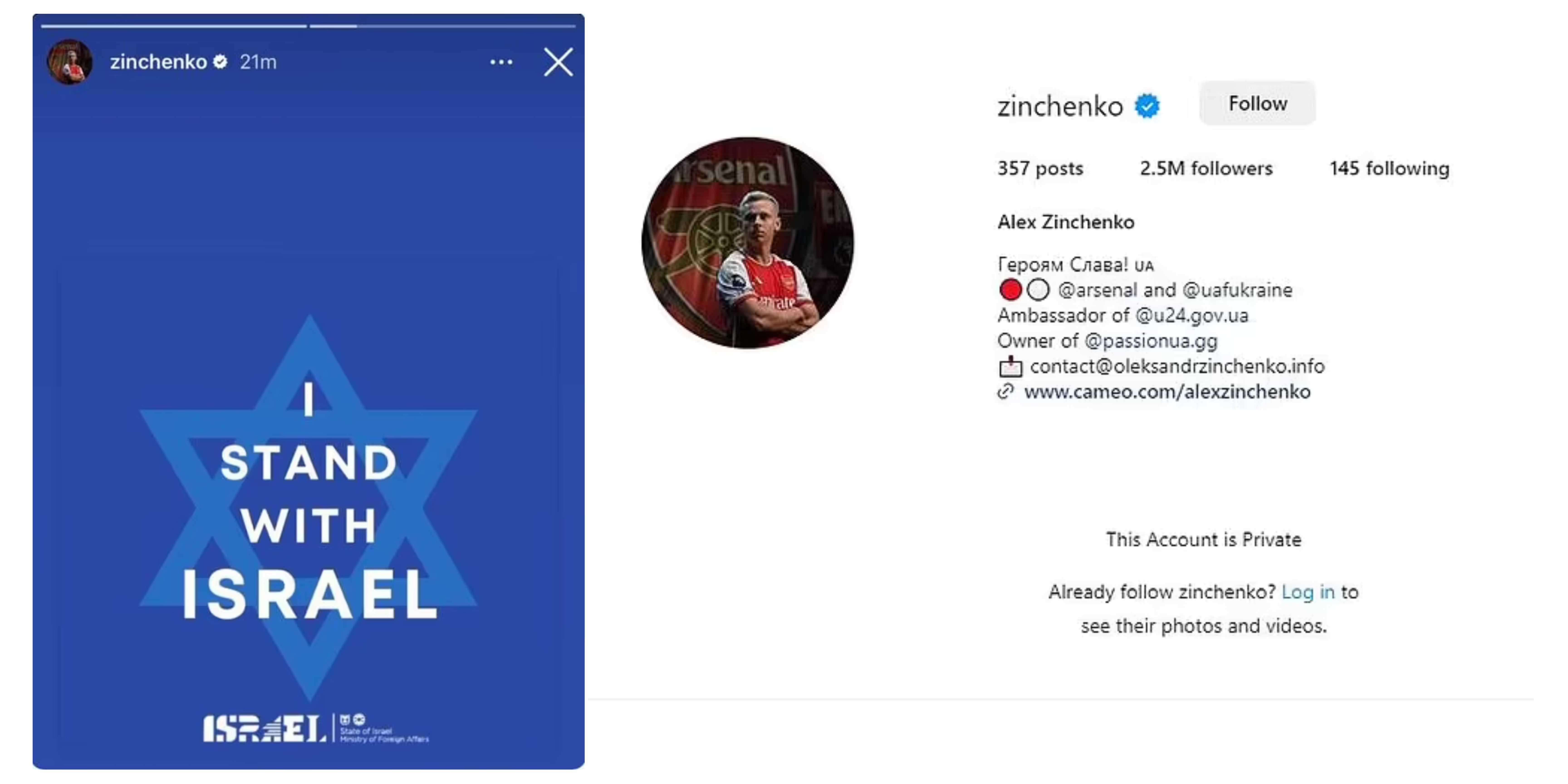Instagram Oleksandr Zinchenko yang diprivat setelah mengunggah Instastory dukungan kepada Israel.