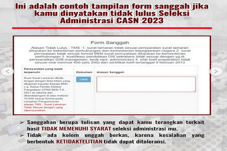 Tampilan contoh form sanggah untuk peserta yang dinyatakan tidak lulus seleksi administrasi CASN 2023.