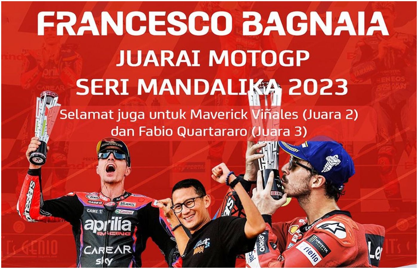 Francesco Bagnaia menjuarai MotoGP Indonesia 2023 di Mandalika